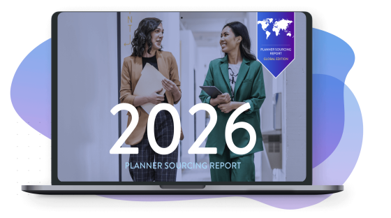 Two women discuss a report titled "Planner Sourcing Report" on a laptop, with a backdrop of an office setting.