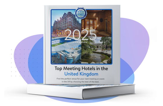 Cover of a book titled "Top Meeting Hotels in the United Kingdom 2025," featuring images of elegant hotel buildings, conveying luxury and sophistication.