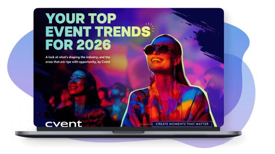A laptop displaying a vibrant graphic titled "Your Top Event Trends for 2026," featuring abstract colors and shapes, with Cvent branding.