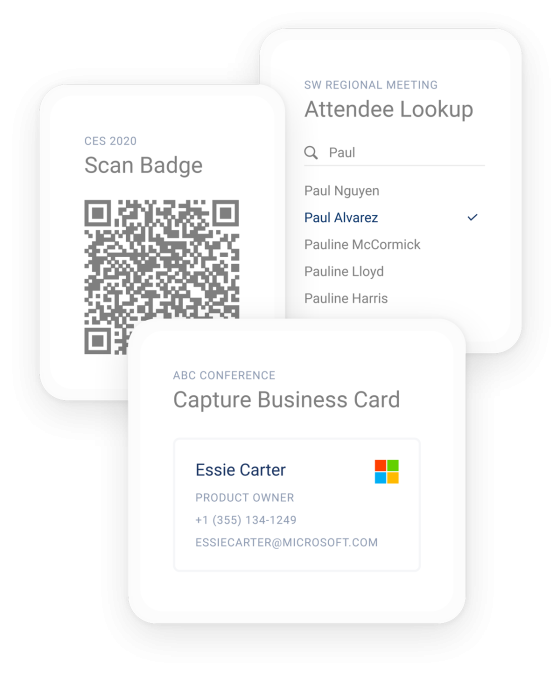 Interface showing three cards: CES 2020 badge QR code, SW Regional Meeting attendee lookup for Paul Alvarez, and ABC Conference business card for Essie Carter.