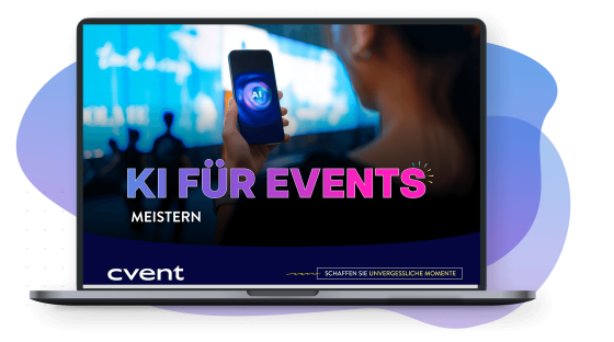 Laptop screen showing a person holding a phone with AI on it, and German text "KI für Events meistern" promoting AI for mastering events.
