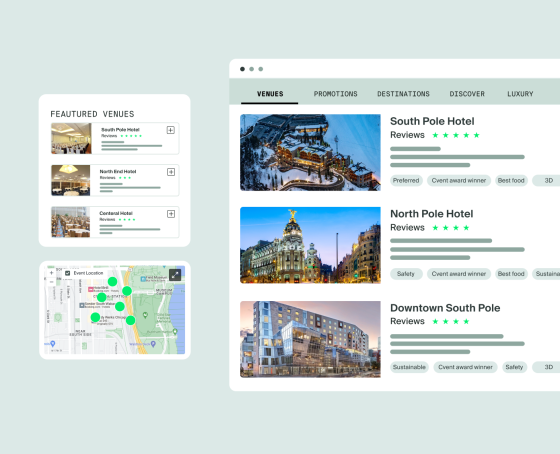 Venue search page with featured hotel cards, map pins, and a detailed venue list