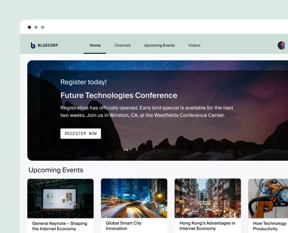 Community page promoting event registration and upcoming events.