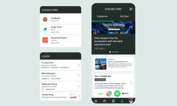 Mobile event app interface showing news, content cards, and event updates.
