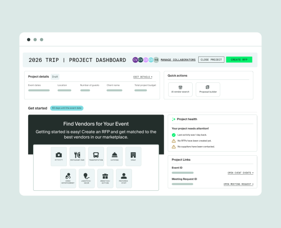 Event project dashboard with vendor search tools, project health alerts, and planning shortcuts