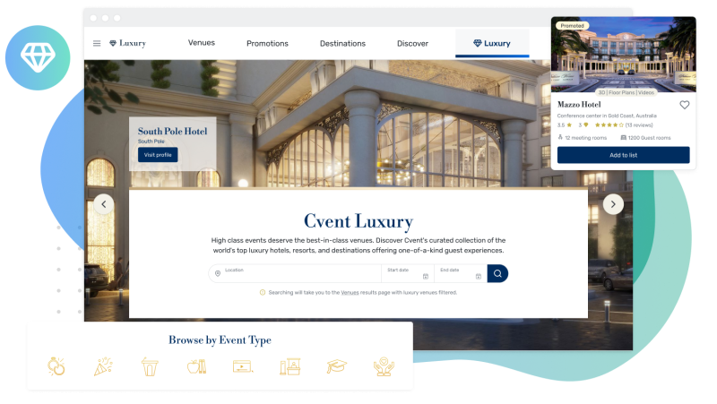Screenshot of Cvent Luxury hotel app with app call outs