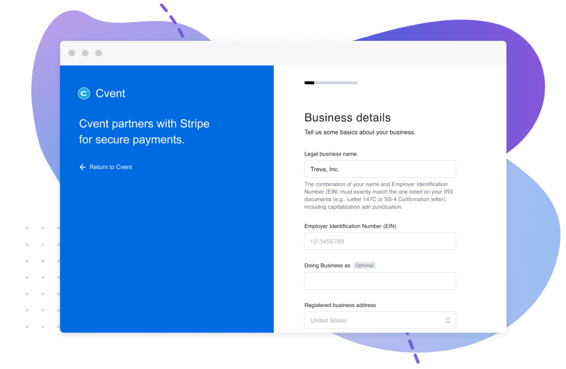 Stripe's business details page is shown with the business name, EIN, and business address fields visible.