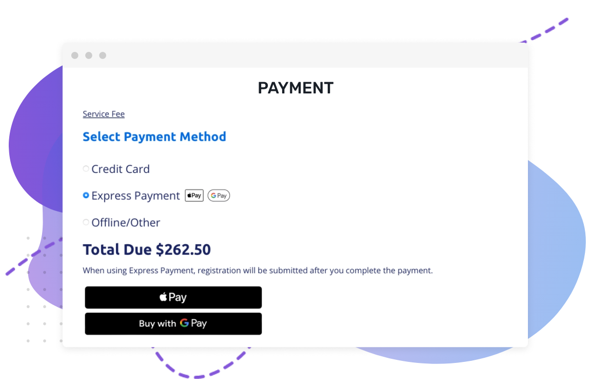 Payment page with options for credit card, express payment, or offline/other methods, totaling $262.50.