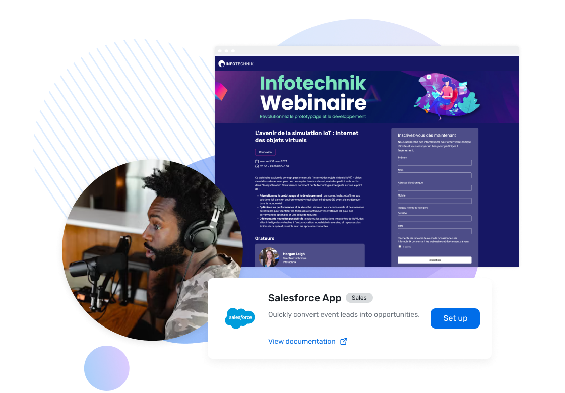 A person with short hair and glasses, wearing headphones and a dark shirt, sits at a desk with a microphone and laptop, smiling while participating in a virtual event or podcast. The background features digital interface elements such as a webinar screen with multiple participants, interactive session feedback, and data icons, visually representing enterprise-level business engagement with online events and technology.