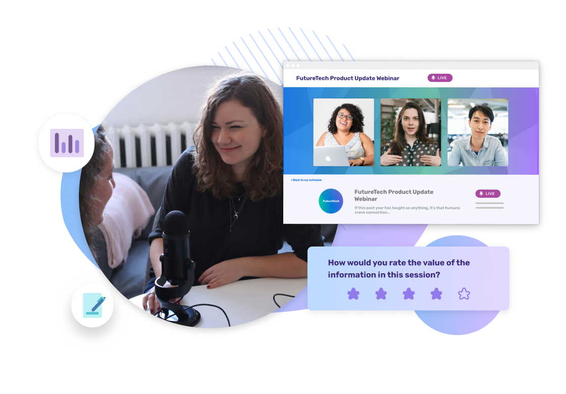 Two girls sit with a microphone between them recording a podcast in their living room. The background features digital interface elements such as a webinar screen, participant images, and interactive rating stars, visually representing small and medium business (SMB) engagement with online events and technology.
