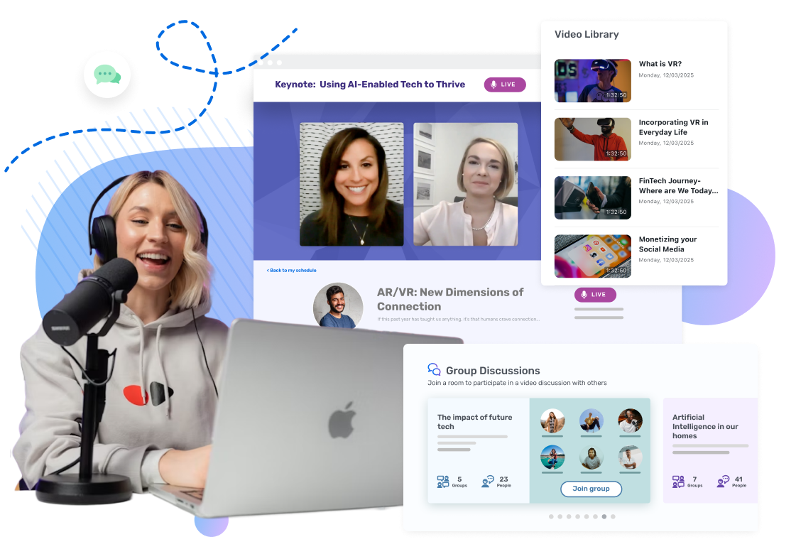 A collage of diverse people engaging with digital devices and virtual event interfaces, featuring video calls, group discussions, event libraries, and interactive chat elements, visually representing a variety of use cases and solutions for virtual engagement and communication.