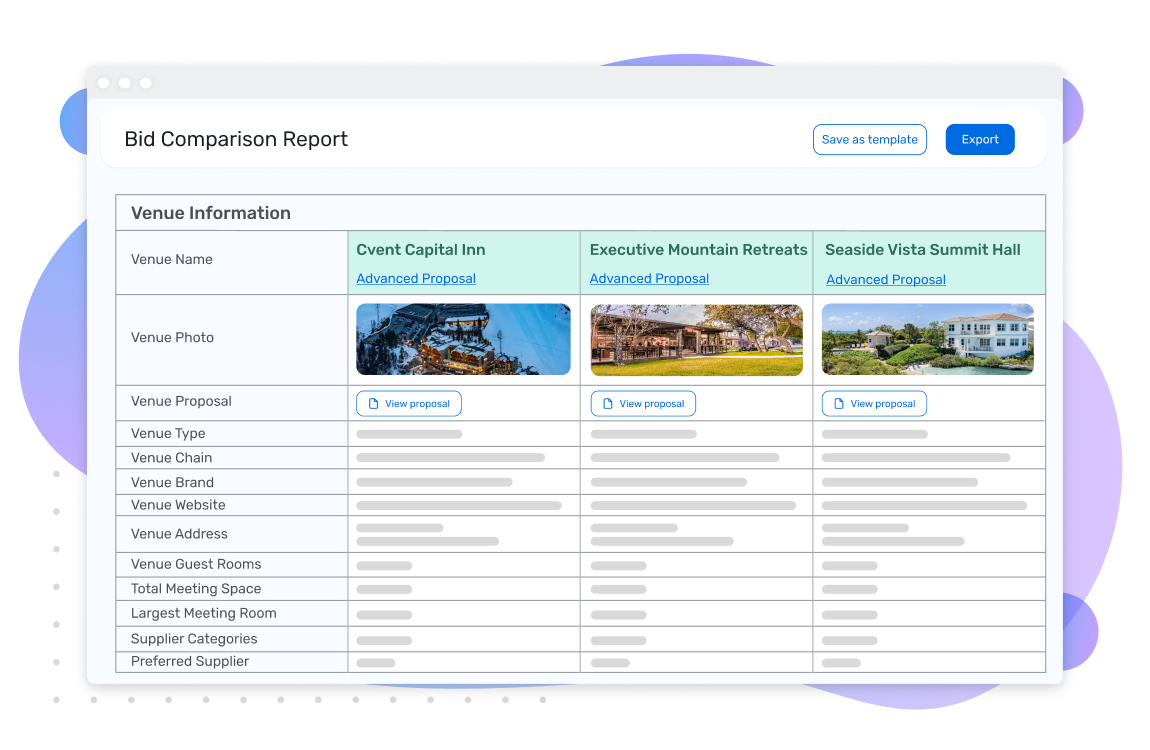 Cvent supplier management dashboard showing a list of venues with response statuses, sidebar navigation, and search and filter options.