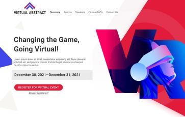 Registration page with a video and speakers for an online event by Virtual Abstract.