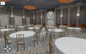 Photorealistic 3D rendering of a conference room with round tables and chairs at the Washington Hilton.