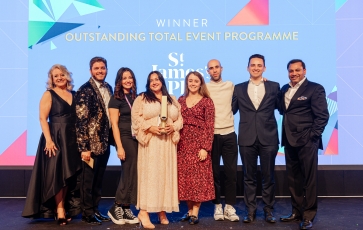 Group of people on a stage with an award and a banner that says 'winner outstanding total event programme'.