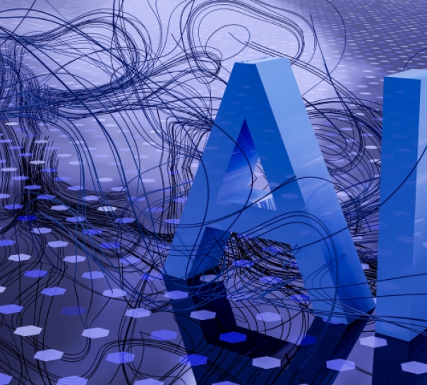 The blue AI letters are in the center of a blue background with black lines and blue hexagons.