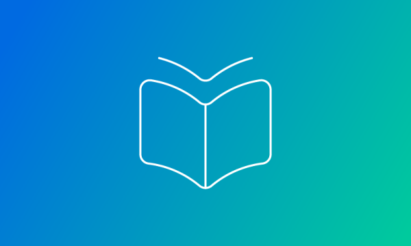 A white book icon on a blue background with a gradient of blue to green.