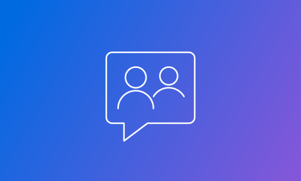 Two people with a speech bubble around them on a blue background with a purple gradient.