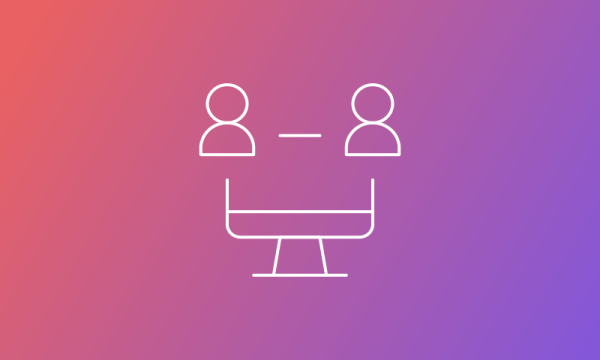 Two people in front of a computer monitor icon on a purple background.