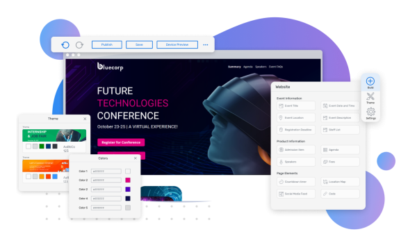 Event registration website features including colors, themes, and publishing