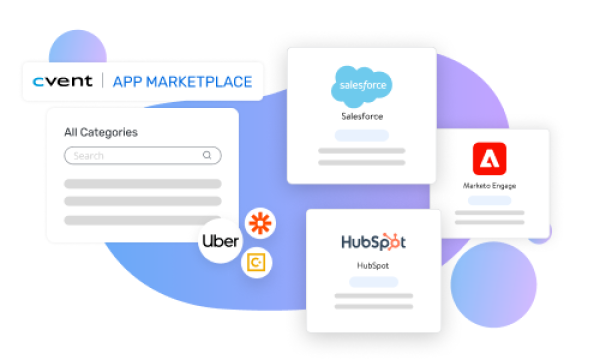 Cvent App Marketplace displaying integrations Sales, Marketo, Hubspot, Uber, SAP Concur, and Zapier