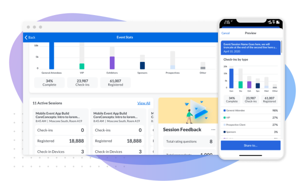 Cvent OnArrival screens showing check-ins, event stats, active sessions, and session feedback