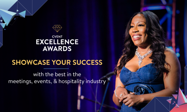 Woman smiling on stage with words Cvent Excellence Awards Showcase Your Success in front of her.