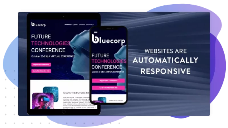Bluecorp's website on a tablet and mobile phone in front of an abstract background.