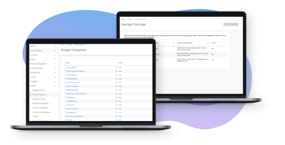 Two laptops showing Budget Categories and Savings Formulas in product