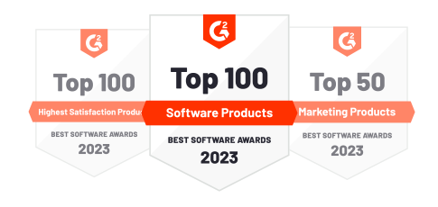 G2 badges that show Cvent ranked for several awards in 2023, including: Top 100 Software Products, Top 100 Highest Satisfaction Products, and Top 50 Marketing Products.