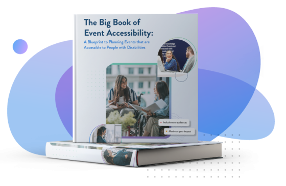 Book cover showing an illustration of an attendee in a wheelchair and the title "Big Book of Event Accessibility"