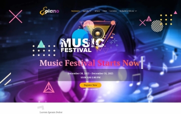 A colorful festival with an overlaying text "Music Festival Starts Now" and a triangle logo.
