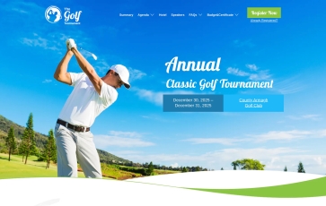 A website page for a golf tournament event with text, images, and logos.