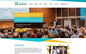 A conference room with a large group of people, chairs, tables, and a stage.