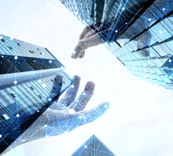 Hands reaching out to each other in front of an architectural background of a building with blue accents.